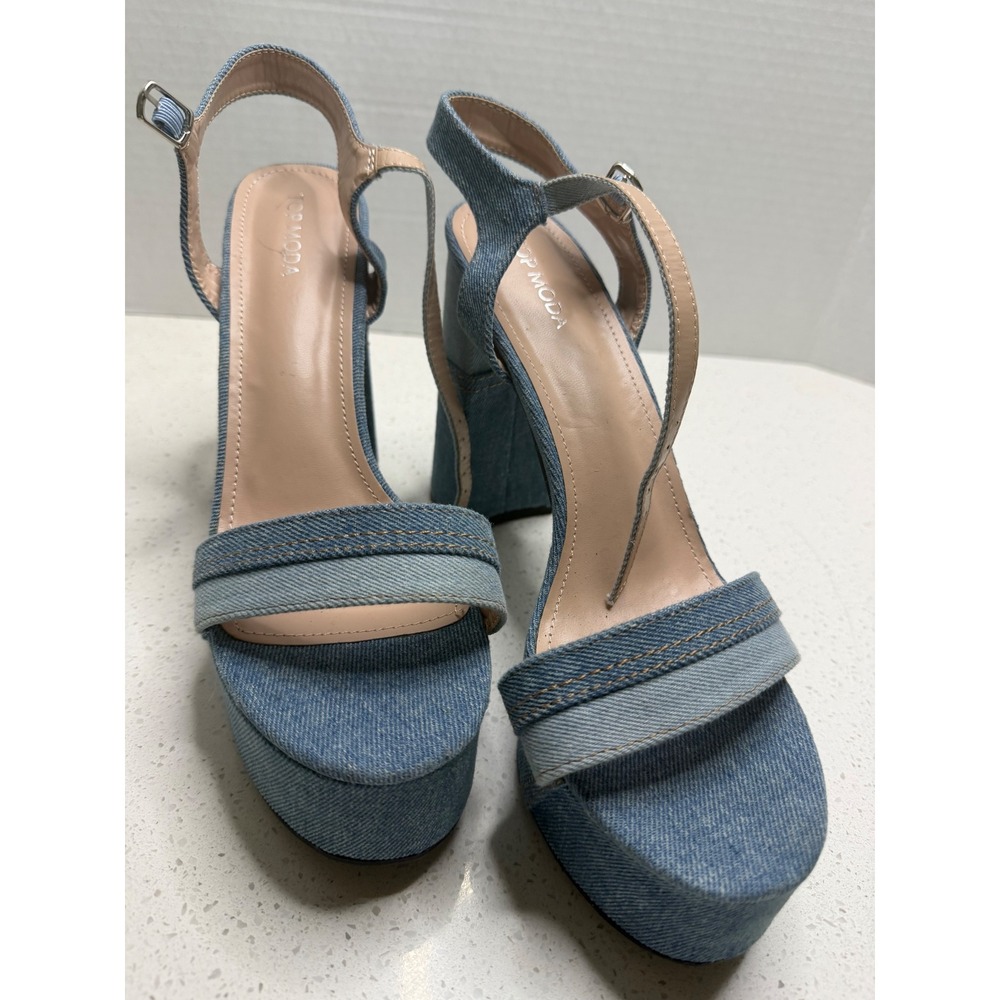 Top Moda Denim Platform Sandals Blue T-Strap Block Heel Y2K Size 10